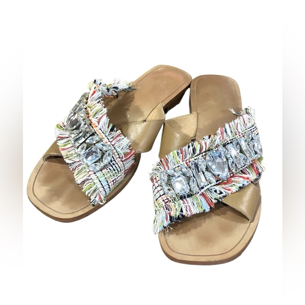 Crown Vintage Leather Sandals Womens 8.5 Fringe Ornate Jeweled Gems Flip Flops